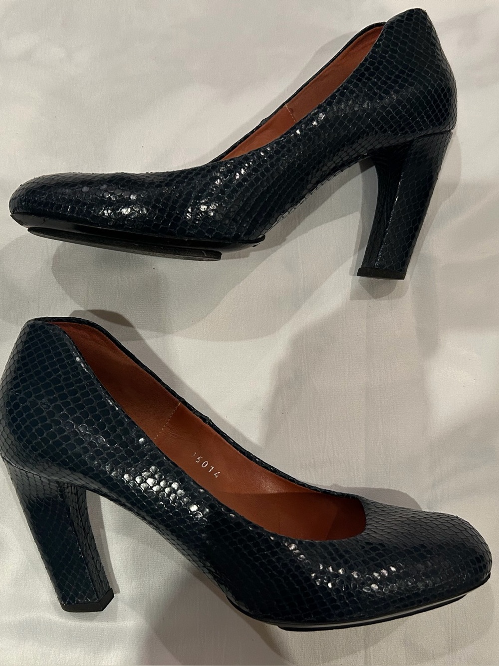 Dries Van Noten Navy Snake-Embossed Mid Heel Pumps Size 39